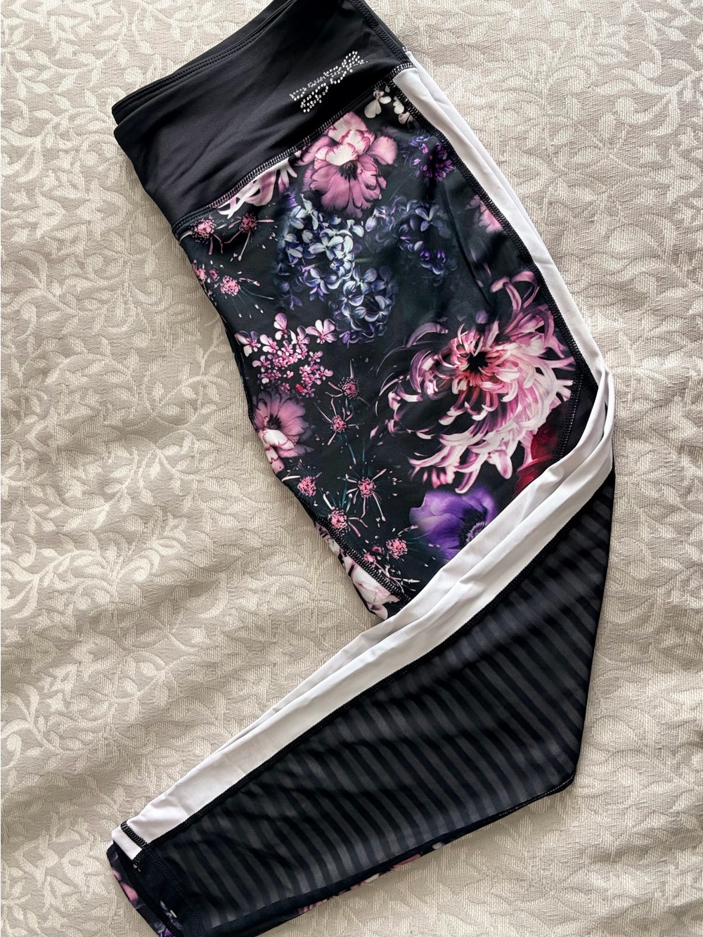 bebe Black Floral Print Leggings with White Trim